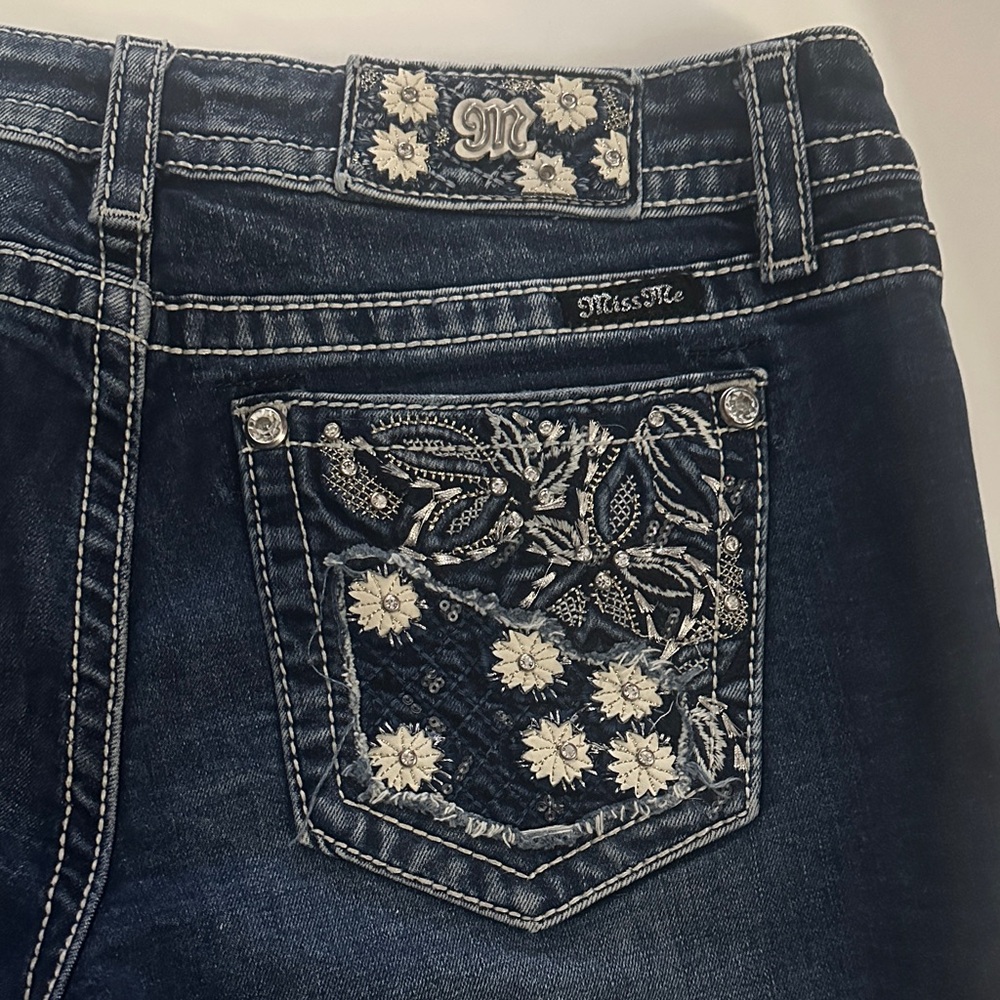 Miss Me Dark Blue Distressed Frayed Hem Jean Shorts - Picture 5 of 5